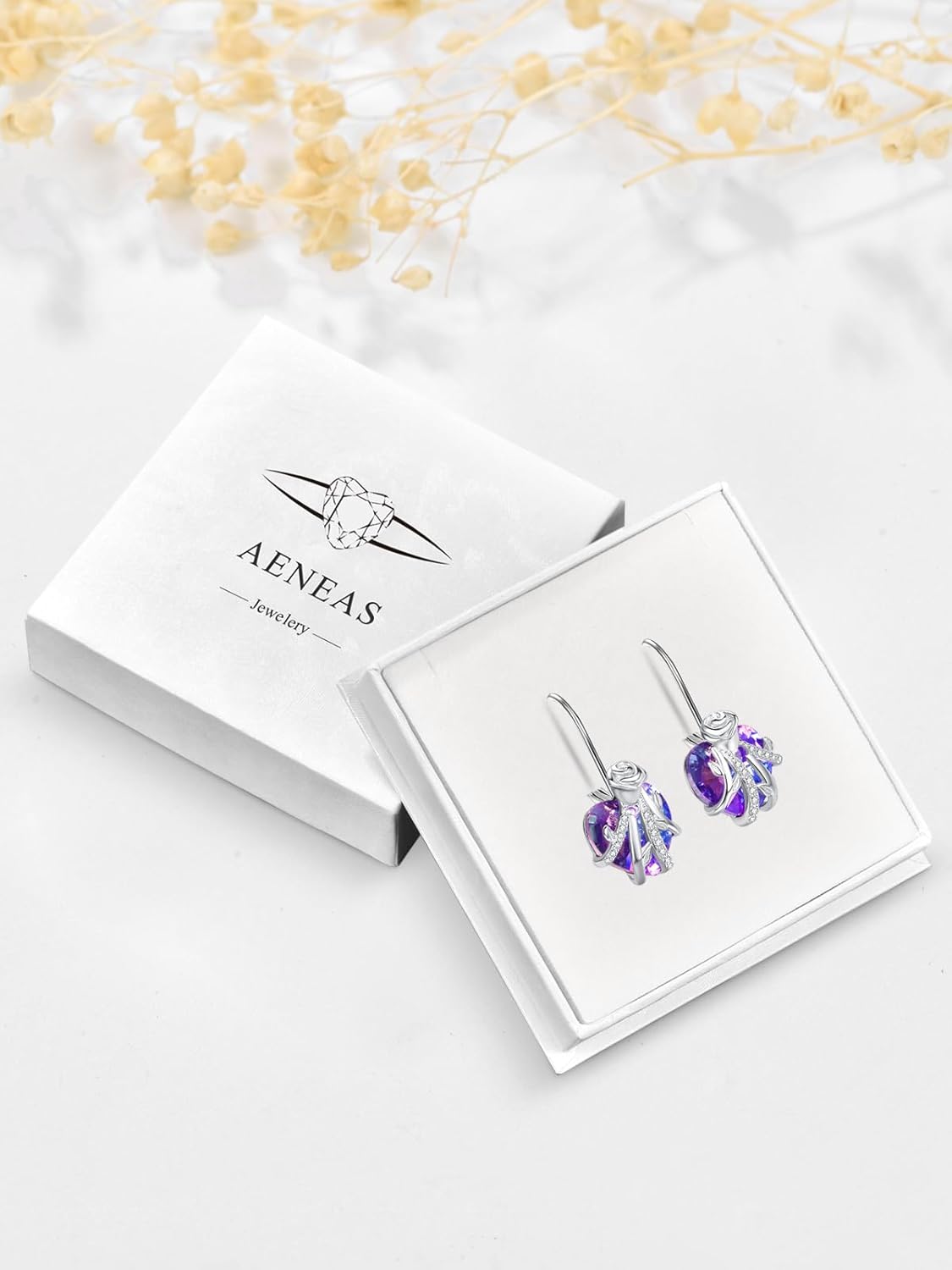 AENEAS Stocking Stuffers for Women Rose Heart Dangle Drop Earrings for Women Sterling Silver Amethyst Rose Flower Dangling Leverback Earrings Flower Jewelry Anniversary Christmas Birthday Gift for Wife Her Mom - Image 7