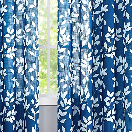 Image of Treatmentex White and Blue Curtains for Bedroom 84 inch Length Semi-Sheer Print Leaf Curtains for Living Room Windows, Deep Blue Grommet Top, 2 Pack