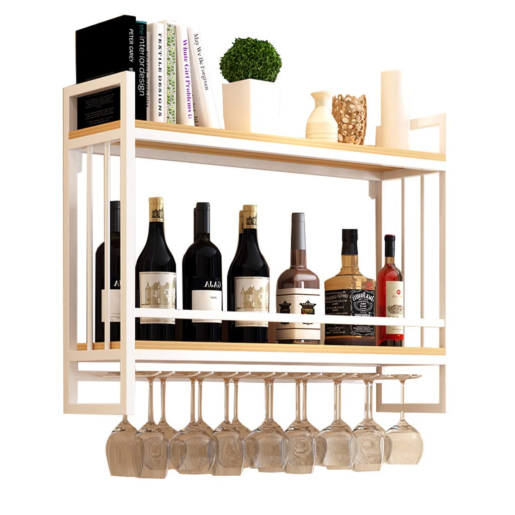 Porte-bouteilles mural LUNEZY en bois et métal blanc avec porte-verre suspendu