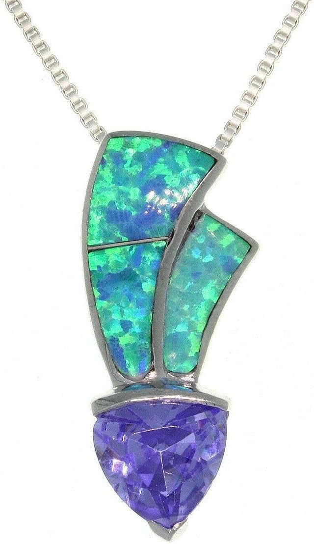 Jewelry Trends Sterling Silver Created Blue Opal and Purple CZ Pendant on Chain Necklace