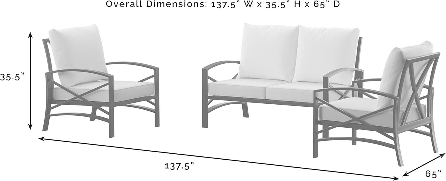 Crosley Furniture Kaplan 3-Piece Outdoor Loveseat Patio Furniture Set, Conversation Sets for Porch, Deck, Oiled Bronze with Mist Cushions