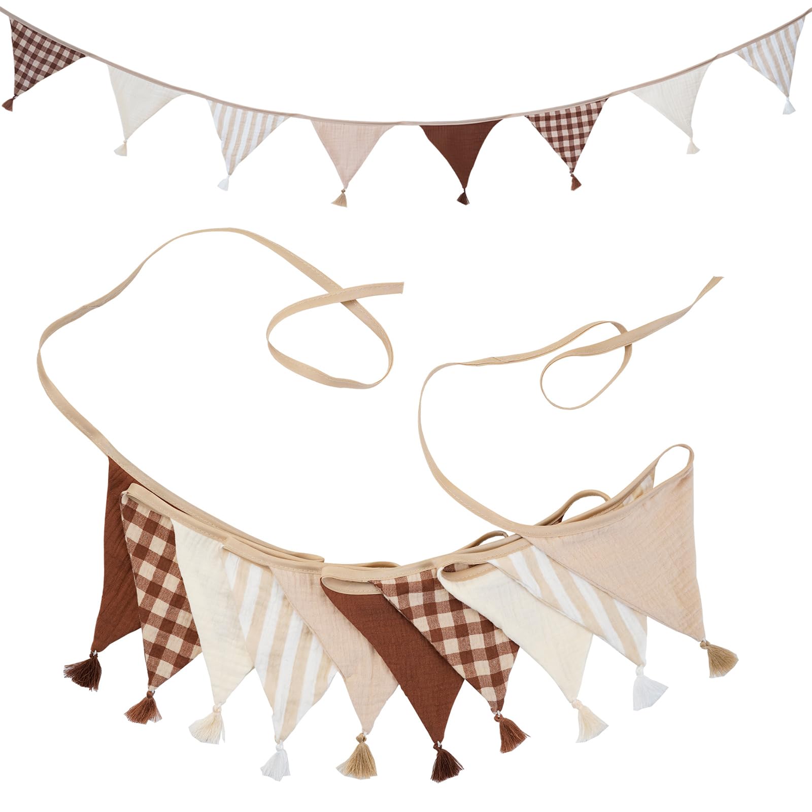 G2PLUS Muslin Fabric Bunting with Tassel: 10PCS Double Sided Cotton Garland, 2.6m Nursery Fabric Triangle Banner for Nursery, Bedroom, Baby Shower, Brithday Party Decoration, Beige Brown — image 1