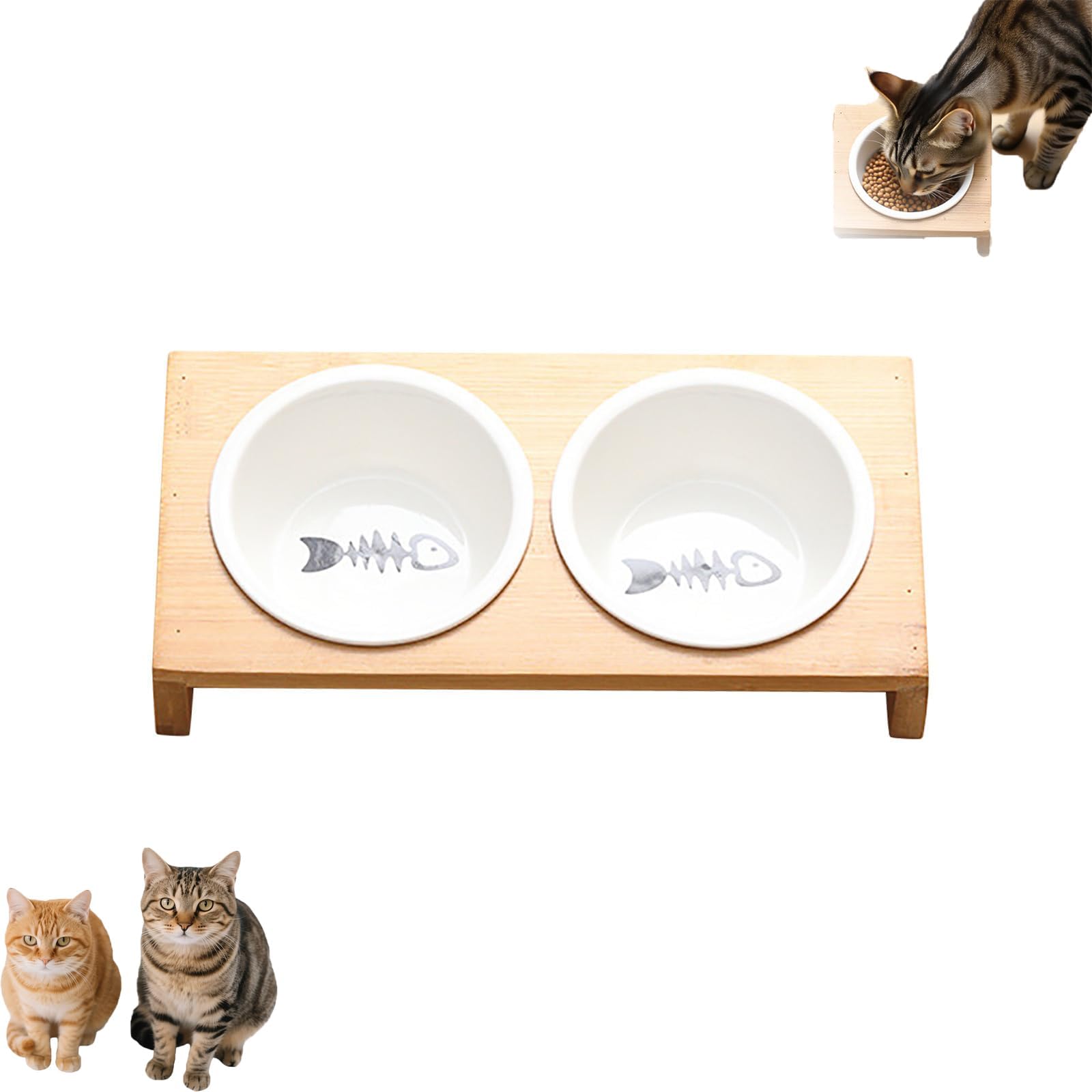 Cat Feeding Bowl Set with Elevated Bamboo Holder, Double, or Three Bowl Design, Split & Easy-to-Clean, Raised Pet Bowl for Cats Dogs Easy To Indoor Water Healthy Feeding (2 Bowl)