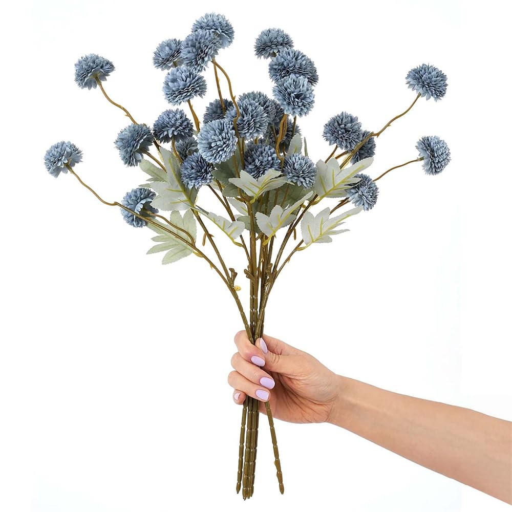 YARDHOBI Artificial Flowers, Chrysanthemum Ball Flowers Bouquet, Silk Hydrangea Bridal Wedding Bouquet, 52cm Large Flower Bouquet Bunches, for Home Party Office Wedding Decoration (6 Pcs, Blue-Gray)