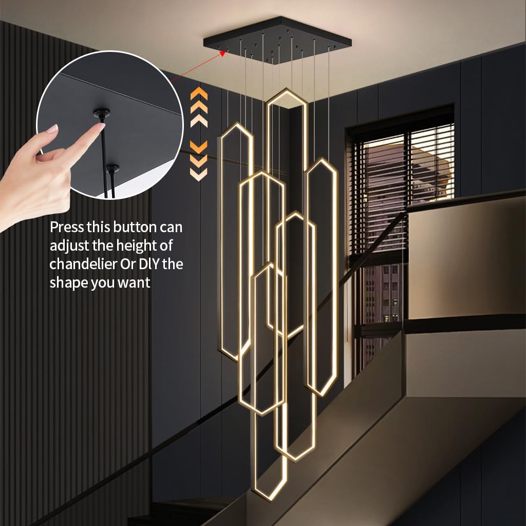 Nowoczesny wielopoziomowy żyrandol, ściemniana lampa LED z pilotem zdalnego sterowania, regulowany kabel do zawieszenia, lampa do wysokich sufitów, idealna do klatek schodowych lub hali