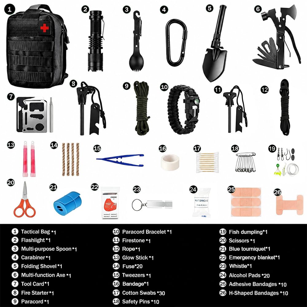 Trousse de survie avec trousse de premiers secours, hache et pelle, sac noir (2 kg)