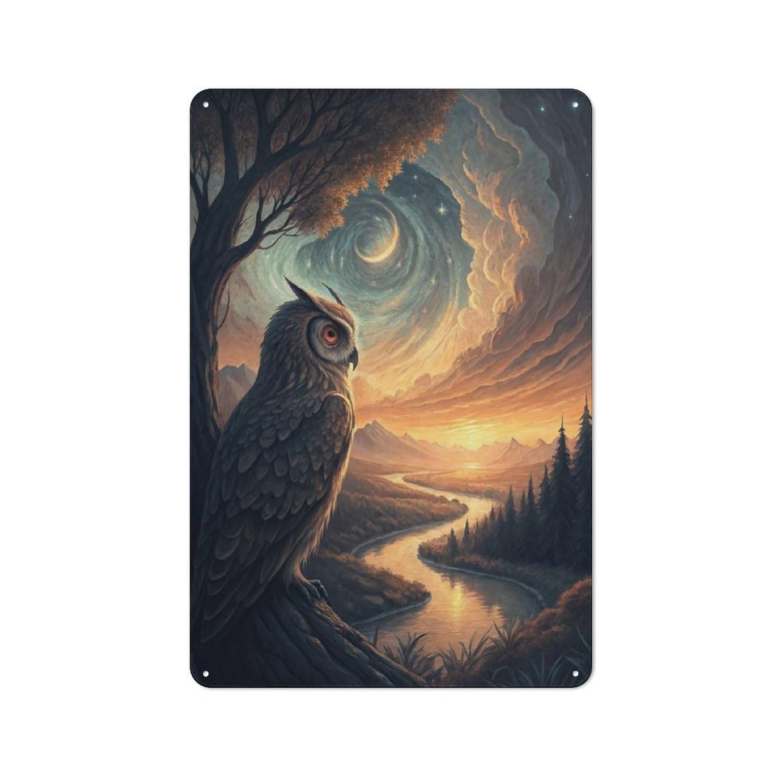 Junmoney Style-5 Majestic Owl Overlooking A Serene Landscape Tin Sign 30X20cm, Modern Vintage Creative Space Decor For Hobby Room, Office, Lounge Or Living Room