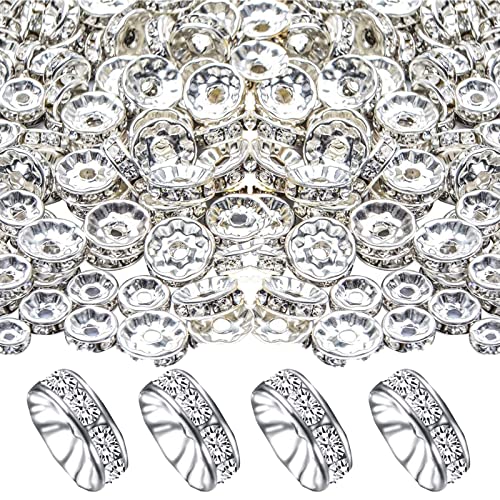 400 Pcs 8mm Sparkling Crystal Spacer Beads, Silver Plated Rondelle Spacer Beads Crystal Rhinestone Loose Beads for Jewelry Bracelets Making Craft (Silver)