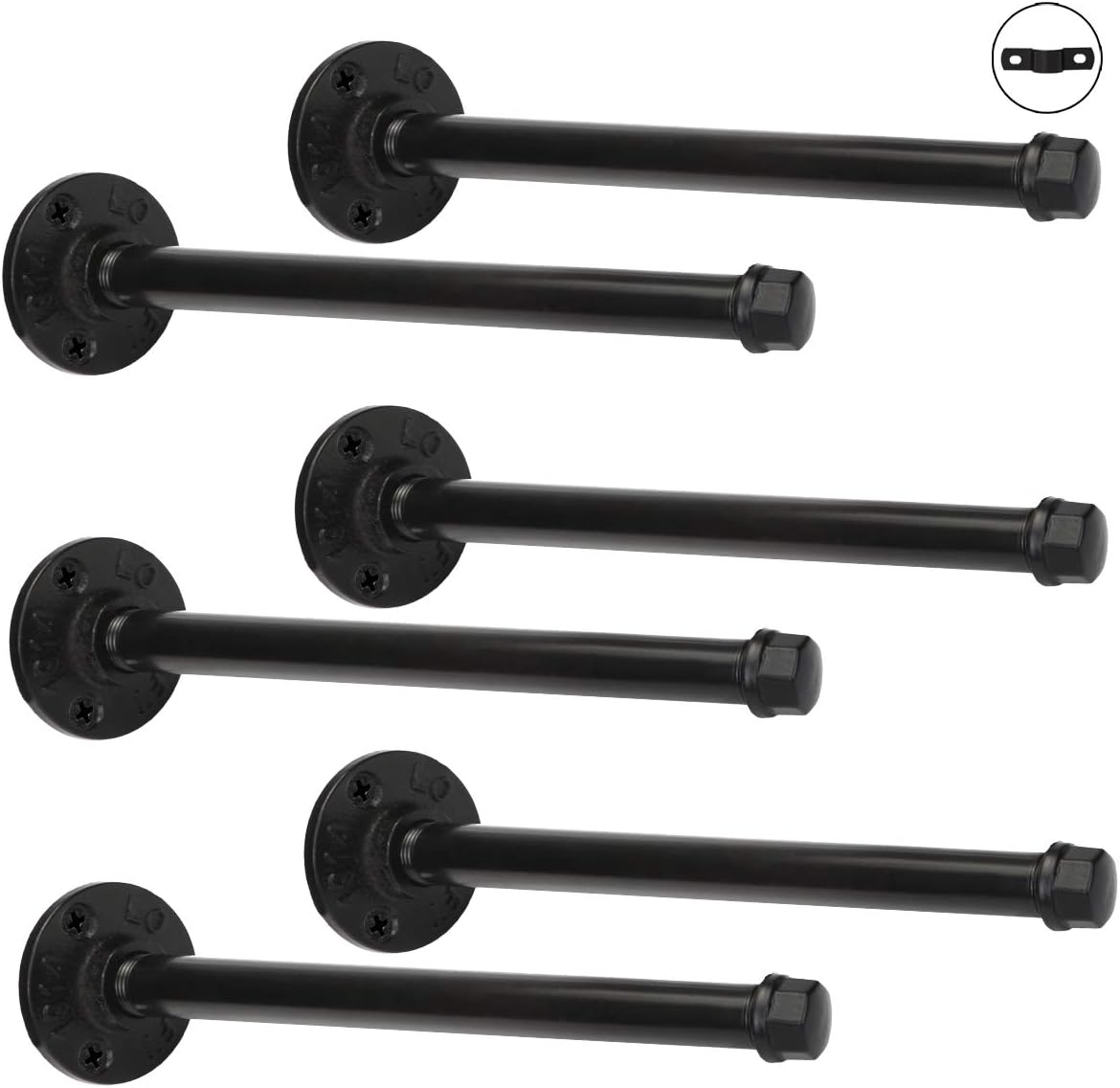 Industrial Black Iron Pipe Shelf Brackets EQUASON 9.5 Inch Set of 6 Rustic Shelving Brackets Pipe Brackets for Custom Floating Shelves DIY Shelf Brackets Hardware Included