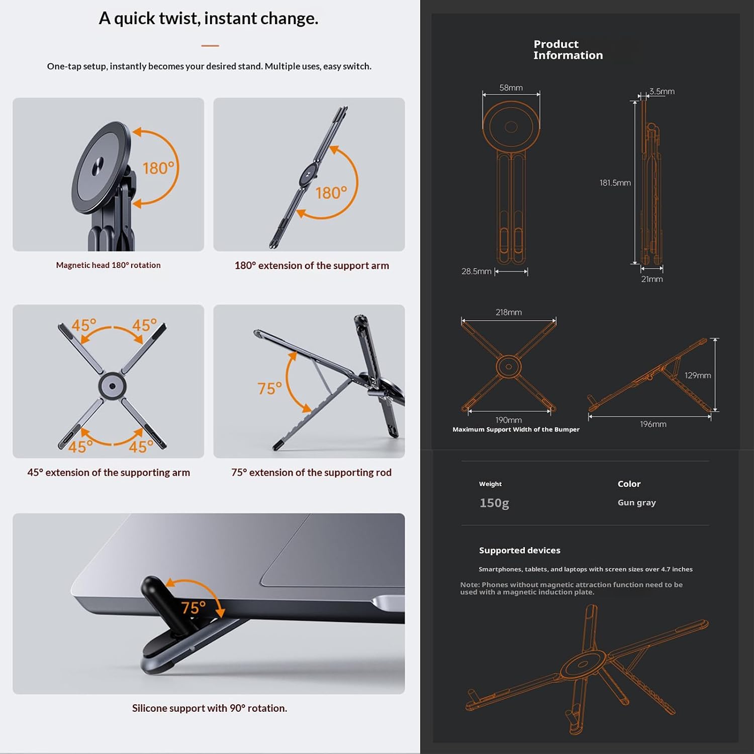 Rookii 3-in-1 Foldable Magnetic Phone Laptop Tripod Stand,Portable Adjustable Holder for Tablet,Magnet Phone Mount Compatible with Mag-Safe iPhone Android MacBook Pro/Air10–16"