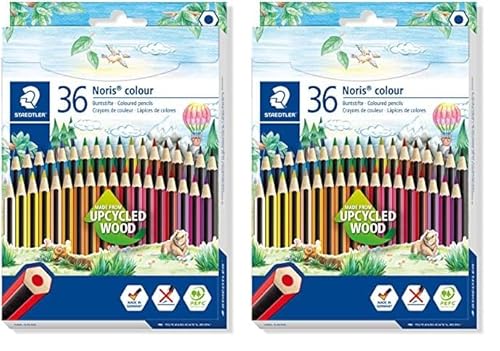 Staedtler Buntstifte Noris colour, rutschfeste Soft-Oberfläche, hohe Bruchfestigkeit, Made from Upcycled Wood, intensive Farben, Sechskantformat, 36 Farbstifte im Kartonetui, 185 CD36 (Packung mit 2)