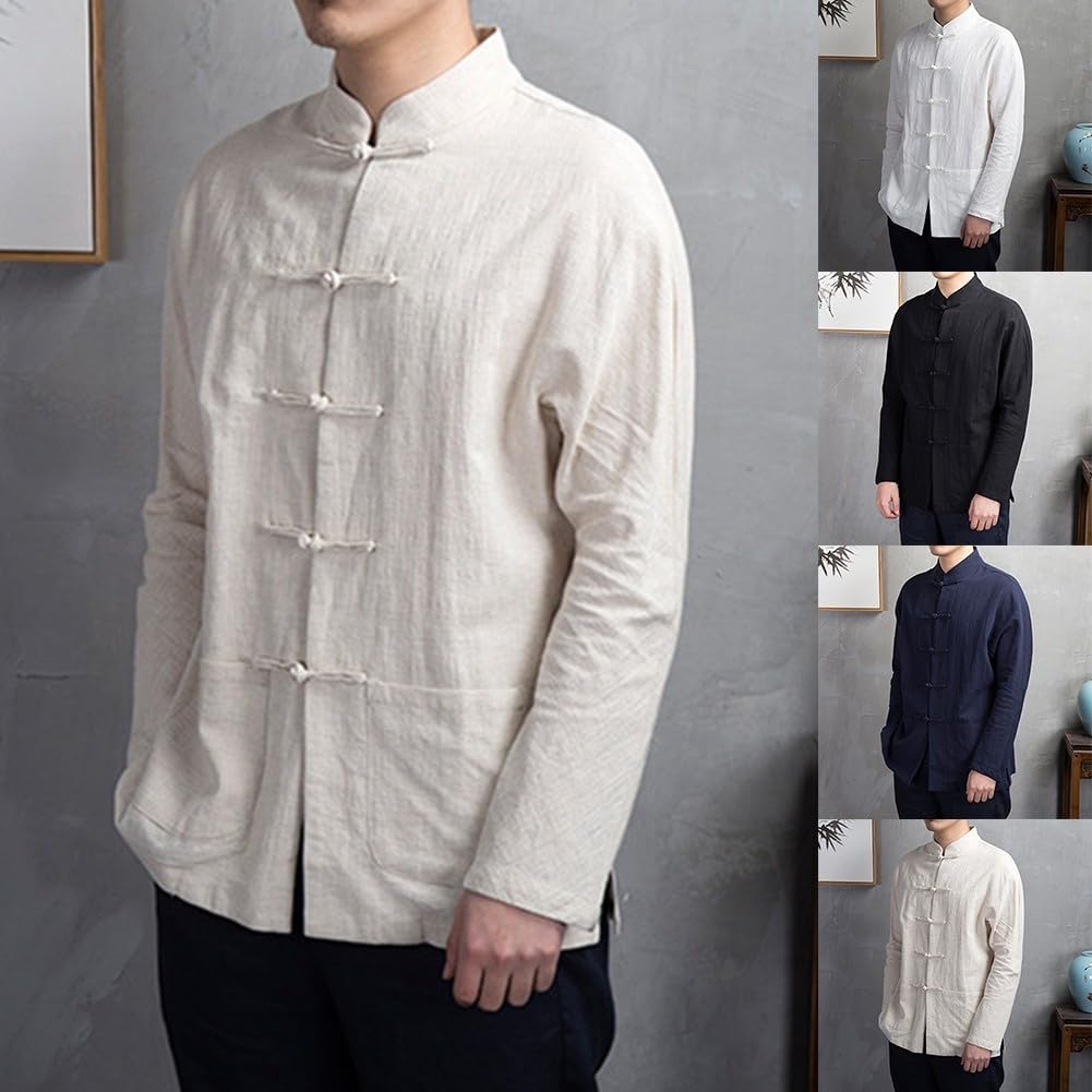 Veste chinoise de Kung Fu Tai Chi pour hommes, costume traditionnel en coton et polyester, manches longues, fermeture à boutons, col montant