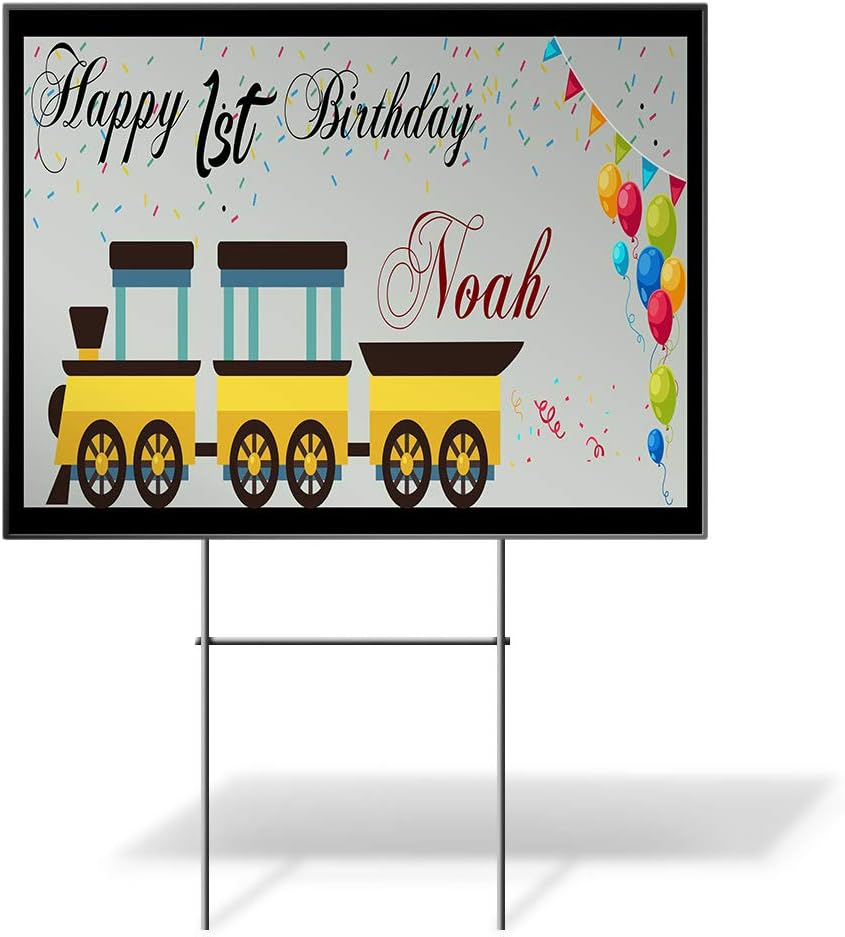 Custom Personalized Yard Sign Happy Age Birthday Boy Name Train Train White One Side Print 18inx12in