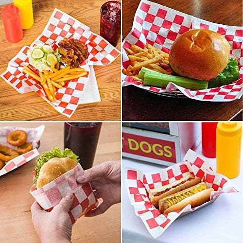 100 Sheets Food Grade Tissue Paper Food Basket Liners Oil-Proof Deli BBQ Hamburgers Sandwich Wrapping Tissue Red and White Grid 10" x 11"