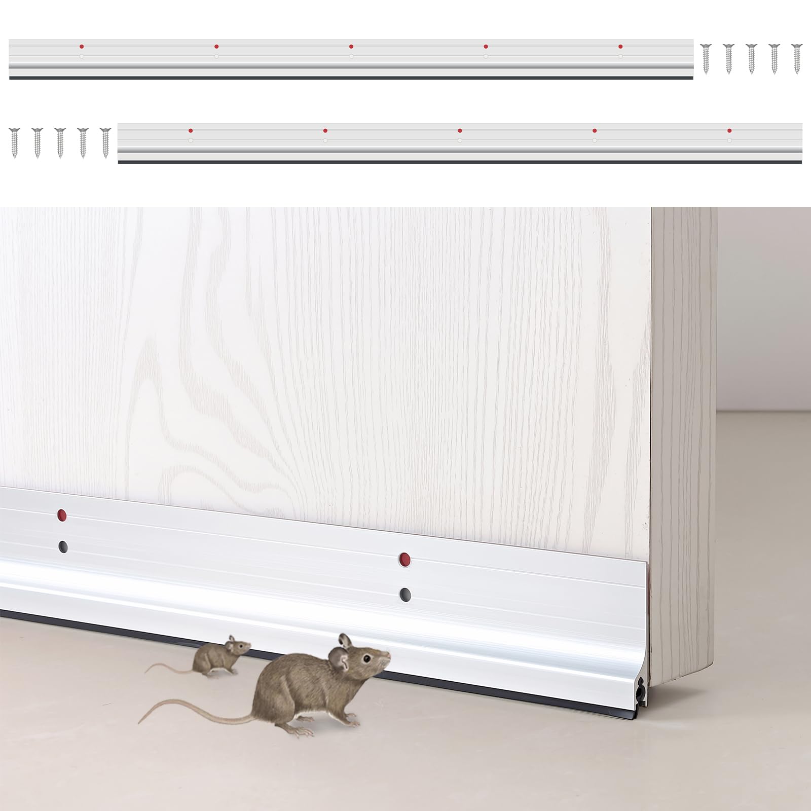 Monlech 2 Pack 36 Inch Aluminum Door Sweep Mouse Stopper Mice Seal Strip, Soundproof Dustproof Insect Blocker Gap Filler for Keep Rodents Pests Out, Easy to Install (Silver, LQ42 60mm Height)