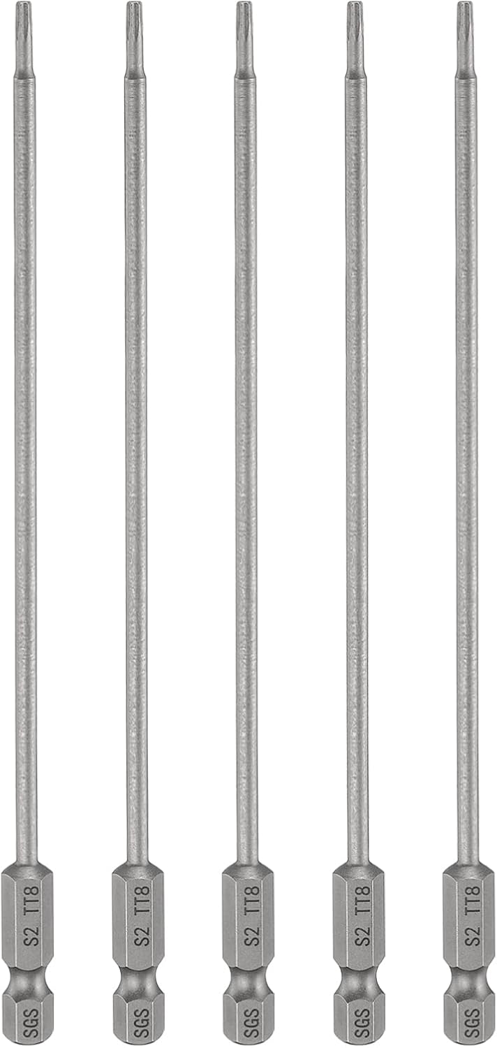 HARFINGTON 5pcs TT10 Security Torx Head Screwdriver Bit 6" (150mm) Long 1/4" Hex Shank Magnetic Tamper Proof 6 Point Star Screw Driver Drill Bits S2 Steel Hole Tip Industrial Power Tools