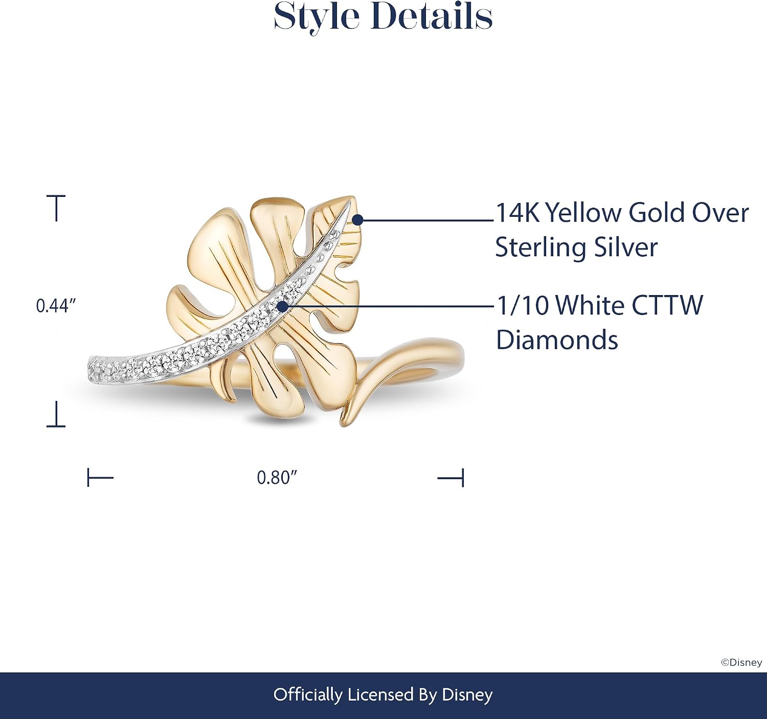 Jewelili Enchanted Disney Fine Jewelry 14K Yellow Gold over Sterling Silver 1/10 Cttw Moana Ring