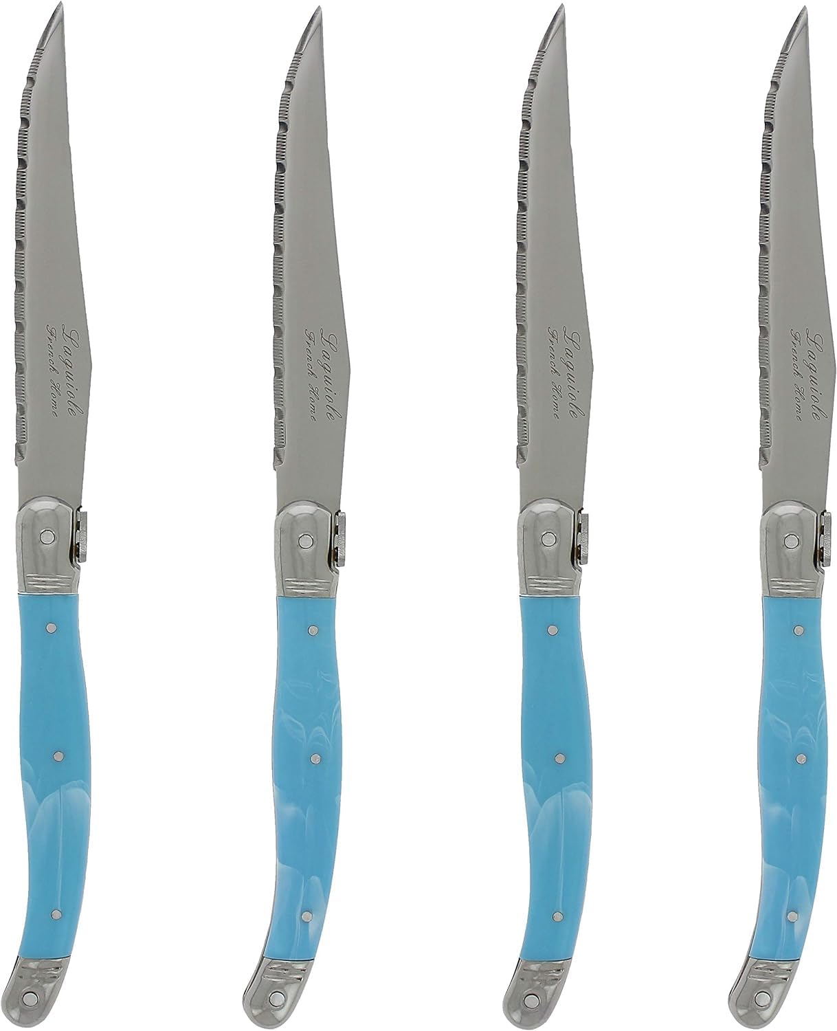 French HomeLaguiole 4-Piece Steak Knife Set – Sophisticated Stainless Steel Dinner Knives with Faux Turquoise Handles & Iconic Bee Emblem – Serrated Knives for Smooth Cutting (9.25")