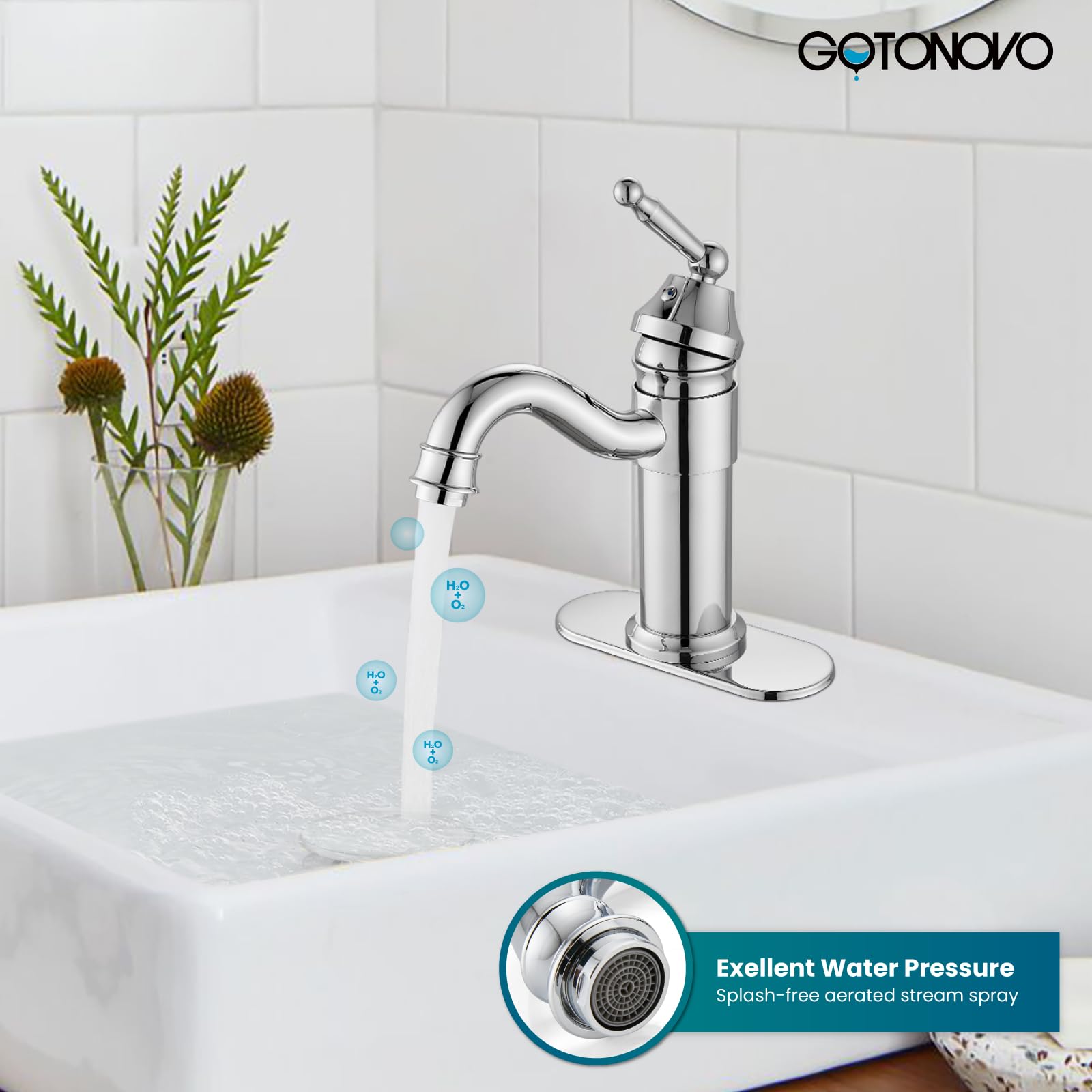 gotonovo Polish Chrome Bathroom Sink Faucet with Pop Up Drain and Cover Plate Deck Mount Hot and Cold Single Hole Vanity Short Mixer Tap 360 Degree Swivel Long Reach Spout Lavatory Sink Faucet