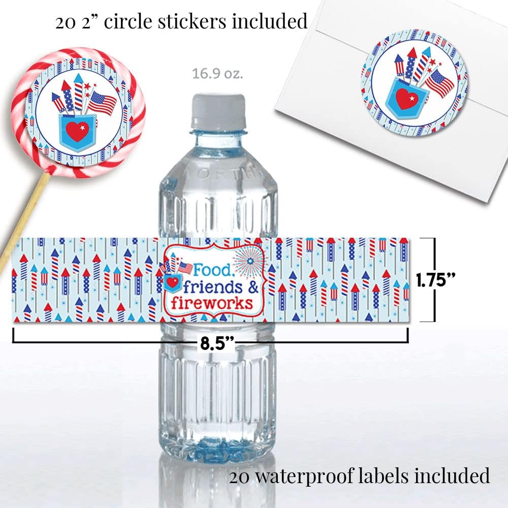 Food, Friends & Fireworks Party Bundle Includes 20 Invitations With Envelopes, 20 Double Sided Game Cards, Two Different Sizes of Stickers, Mini Candy Bar Wrappers & Water Bottle Labels!