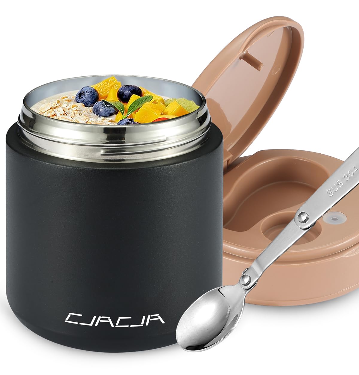 Insulated Food Jar for Kids - 15.2 Oz, Thermo for Hot Food, Soup Thermo, Insulated Food Container, Termos Para Comida Caliente, Width Mouth Stainless Steel Lunch Box with Spoon, Black