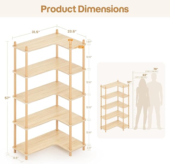 L-Shaped Open Corner Bookshelf - 5-Tier Freestanding Bookcase, Oak