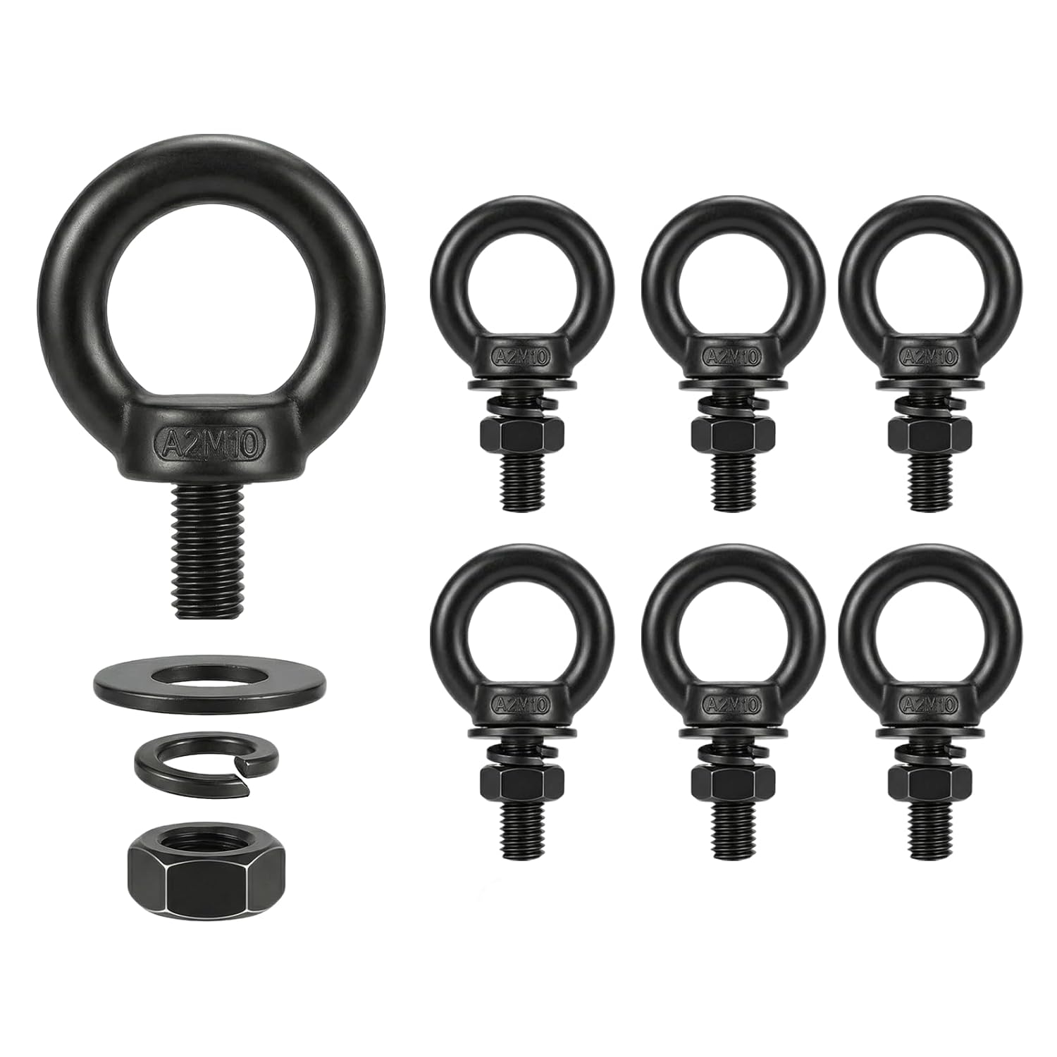 6 Pack M10 x 1" T316 Stainless Steel Eye Bolts with Nuts, Black Shouldered Lifting Eye Bolt Kit with Lock Washers (Approx 3/8" Thread Diameter), Heavy Duty Tie Down Anchor for Thick Wood