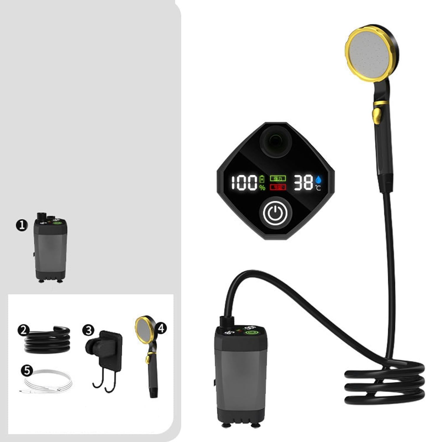 MotiveTech ポータブル電気屋外シャワー旅行シャワーヘッド多機能収納バッグ付きウォーターポンプ付き屋外入浴旅行用