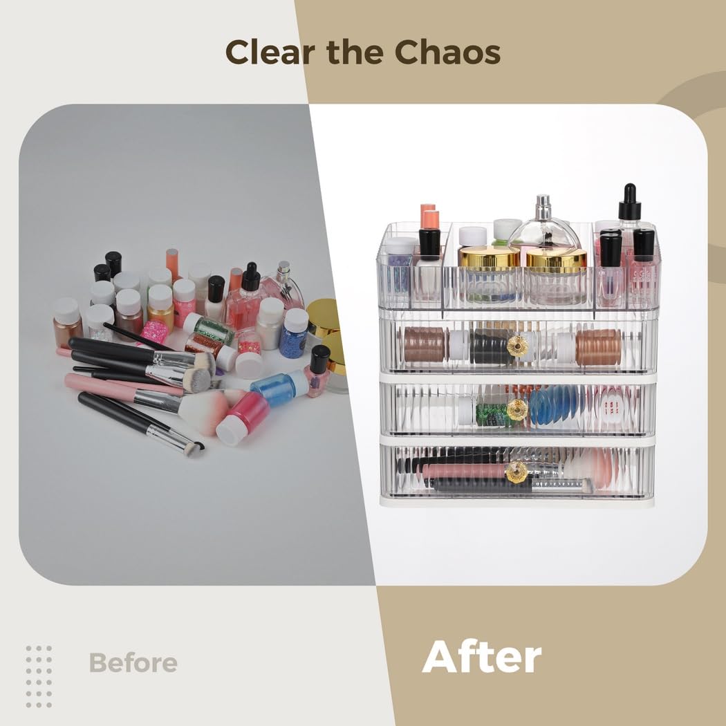 Organizador de maquillaje, caja de almacenamiento de cosméticos transparente de 4 capas con 3 cajones, caja de maquillaje de escritorio de gran capacidad para pintalabios, perfume, pinceles