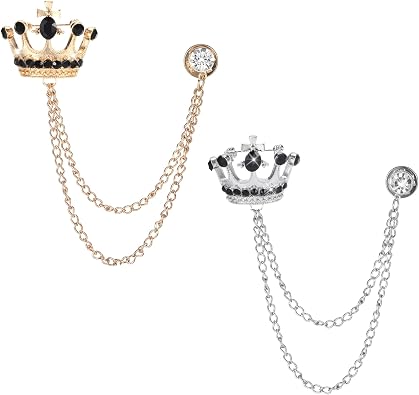 2PCS Lapel Pin for Men Suits,Crystal Crown Hanging Chain Brooch Suit Pin Suit Accessories Gold Crown Brooch,British Style Vintage Metal Crystal Rhinestone Broochs,Lapel Pin Accessories for Men Women Halloween Gifts