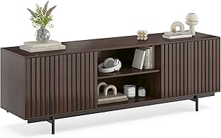 Havemies Mid Century Farmhouse TV Stand with Fluted Details & Pop-Up Doors - Retro Wood Entertainment Center for 75 Inch TV, Blends Vintage Charm with Modern Function (Dark Walnut)