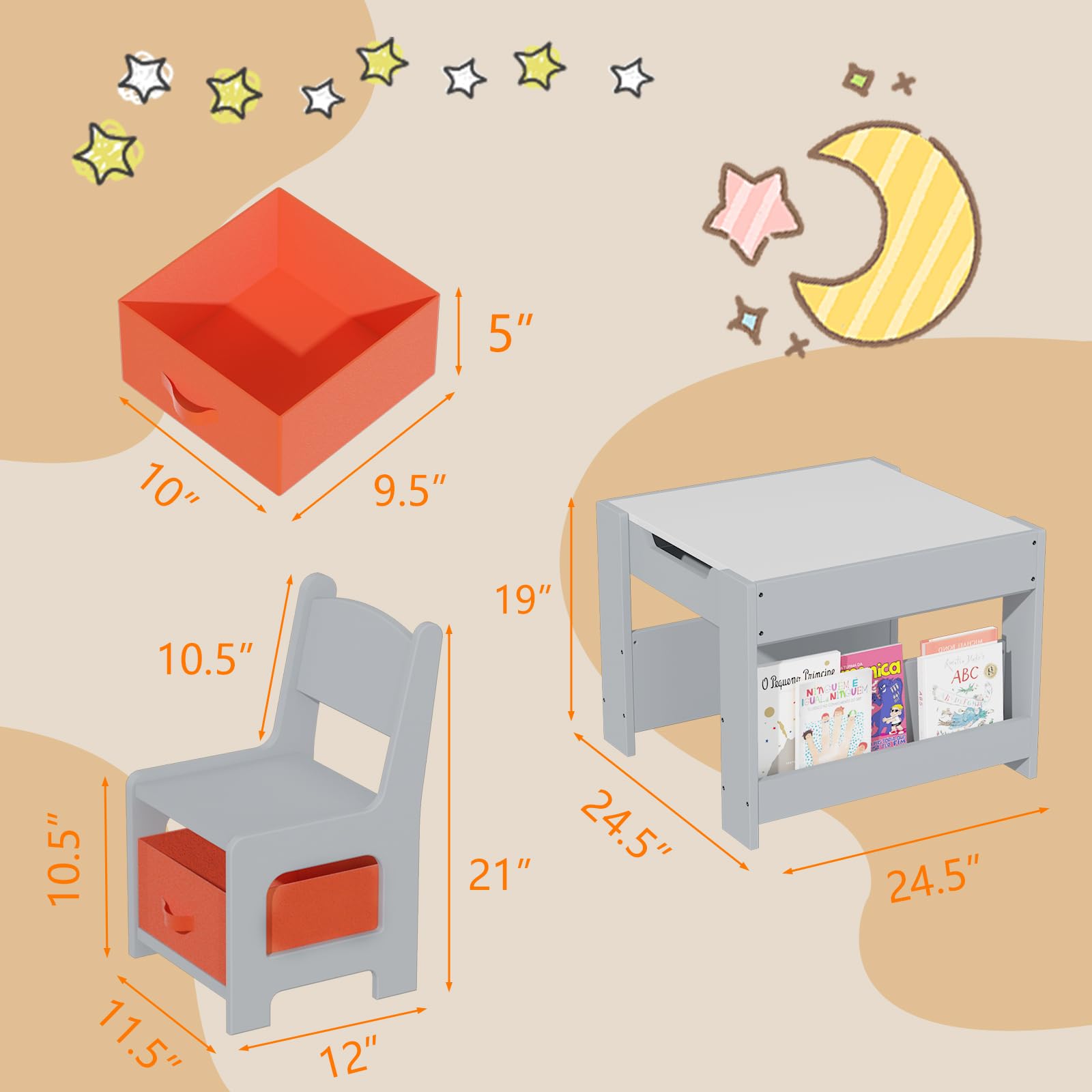Garvee 4-in-1 Kindertisch und Stuhlset aus Holz – Multifunktional mit beidseitig nutzbarer Tischplatte (Tafel/Whiteboard), Bücherregalen, Schubladen und 2 Stühlen – Viel Stauraum für Kreativität im