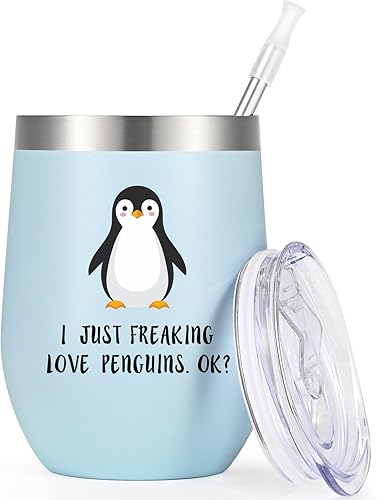 Regalos de pingüinos, regalos de cumpleaños de Navidad para mamá, hermana, hija, vaso de vino de 12 onzas con texto en inglés "I Just Freaking Love