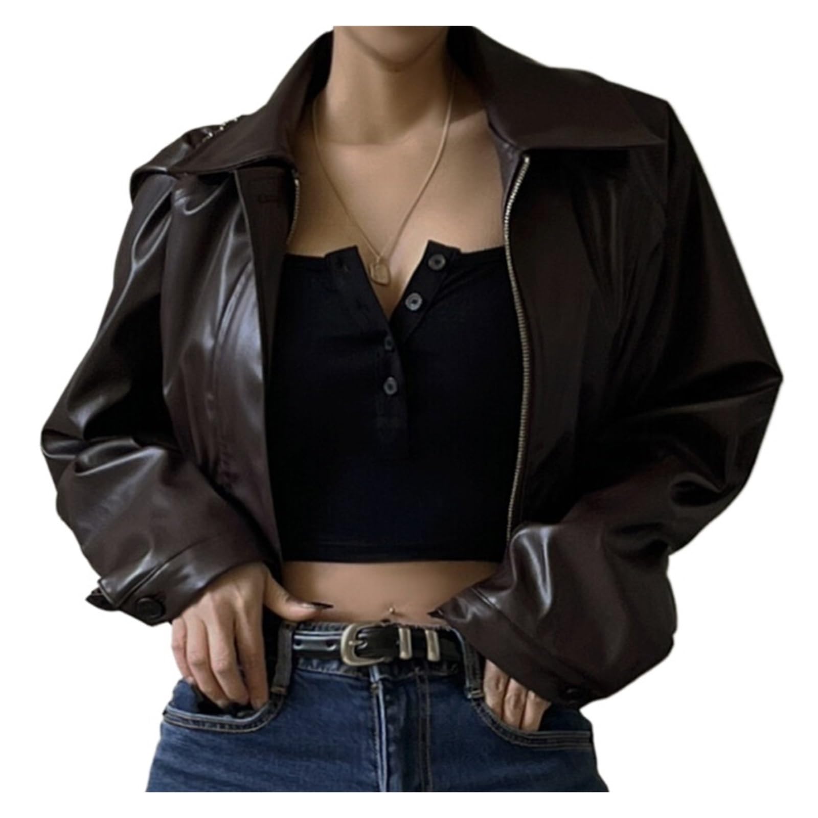 Chaqueta Cuero Mujer Faux Leather Jacket Aesthetic Streetwear Collar Casual Simple Long Sleeve Coats Para salir