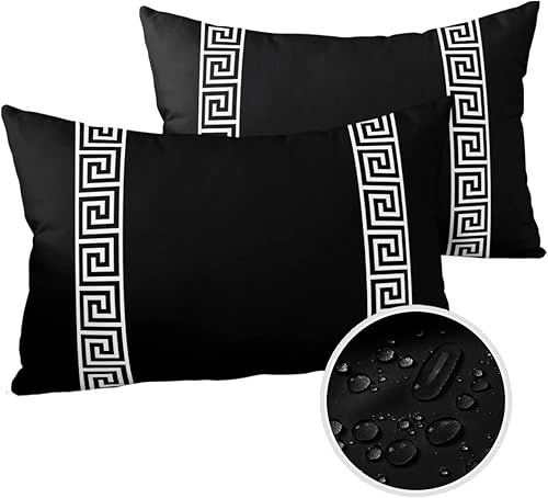 Funy Decor Juego de 2 fundas de almohada impermeables para exteriores, diseño geométrico de llave griega, fundas lumbares, fundas decorativas negras