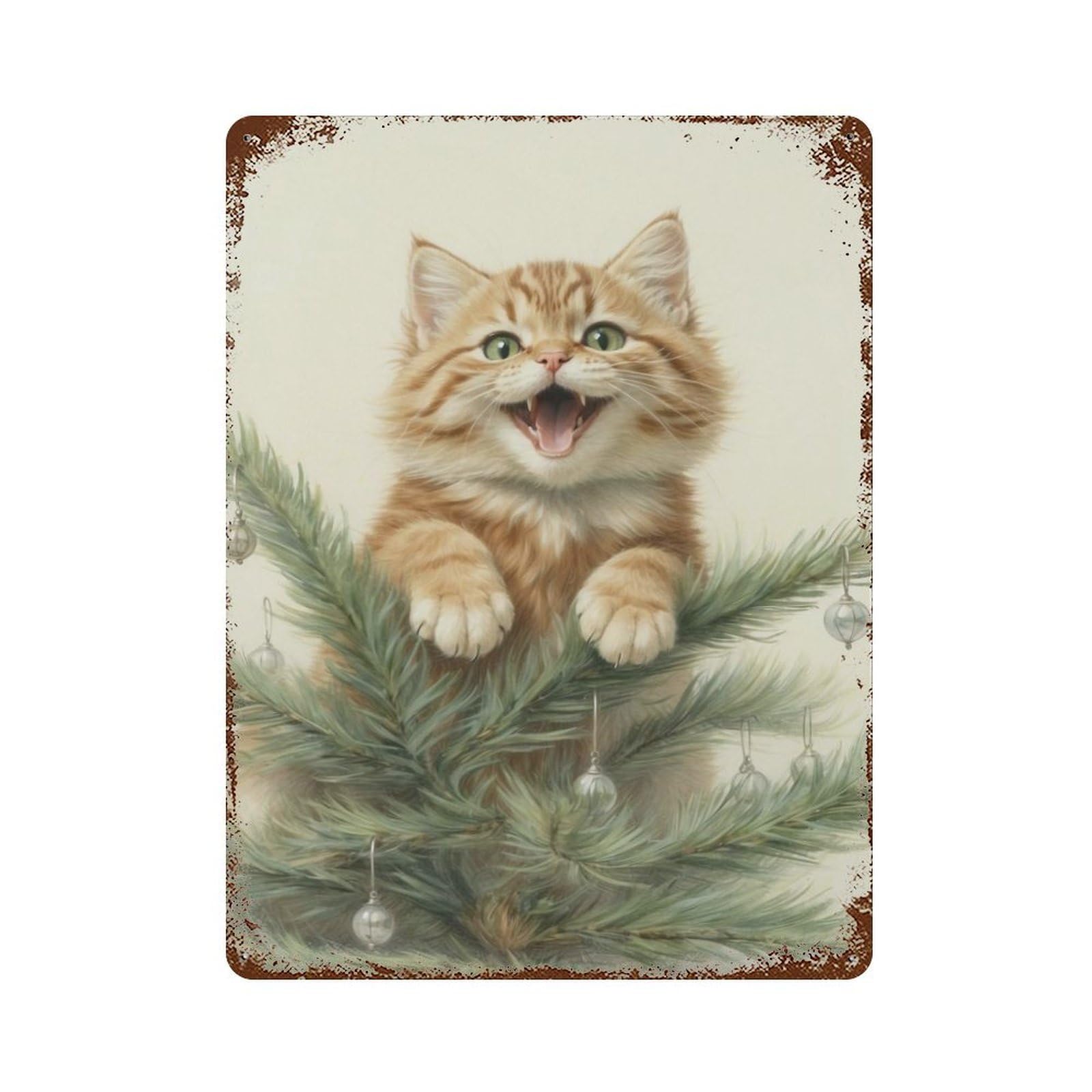 Kitten in Christmas Tree Retro Metal Sign 15.7"x11.8", Classic Wall Plaque for Garage, Pub Or Kitchen