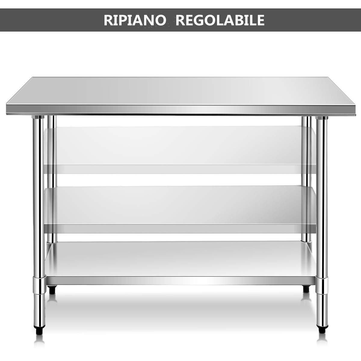 COSTWAY Tavolo da Lavoro in Acciaio Inox 122 x 61 x 90 Professionale, Bancone in Acciaio con Ripiano Regolabile, Mobile con Piano di Lavoro Preparazione di Alimenti, per Cucina e Ristorante