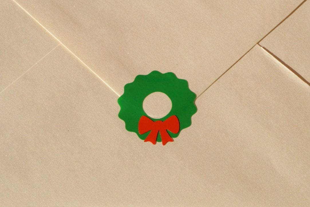 30 Christmas Wreath Stickers, Holiday envelope seal