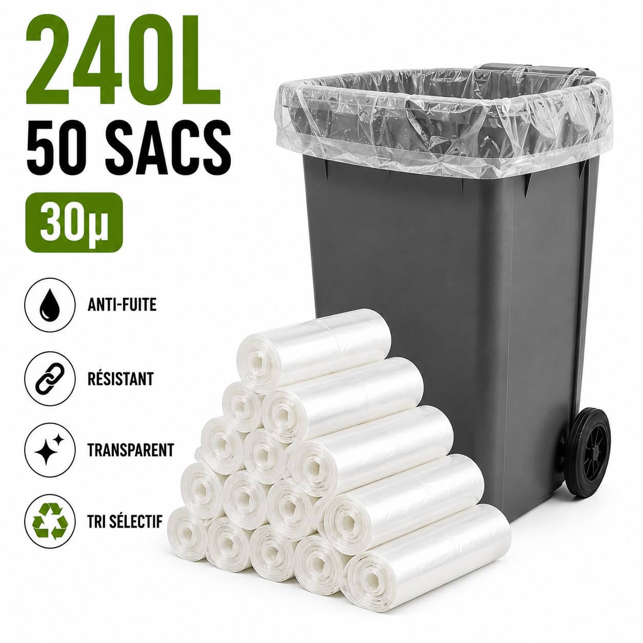 Bolsa de basura transparente de 240 litros | 50 bolsas de basura 240 l | Resistente (30 µ) | Para contenedores de basura 2 ruedas | Clasificación selectiva de residuos | Protección contra fugas - Anti