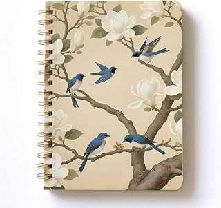 xizhenyuan White Magnolia with Birds Decor A5 Journal Spiral Notebook, Natural Theme Soft Cover Wire Bound 160 Pages Lined Writing Diary, Travel Notepads Memo Notes for Woman Office School