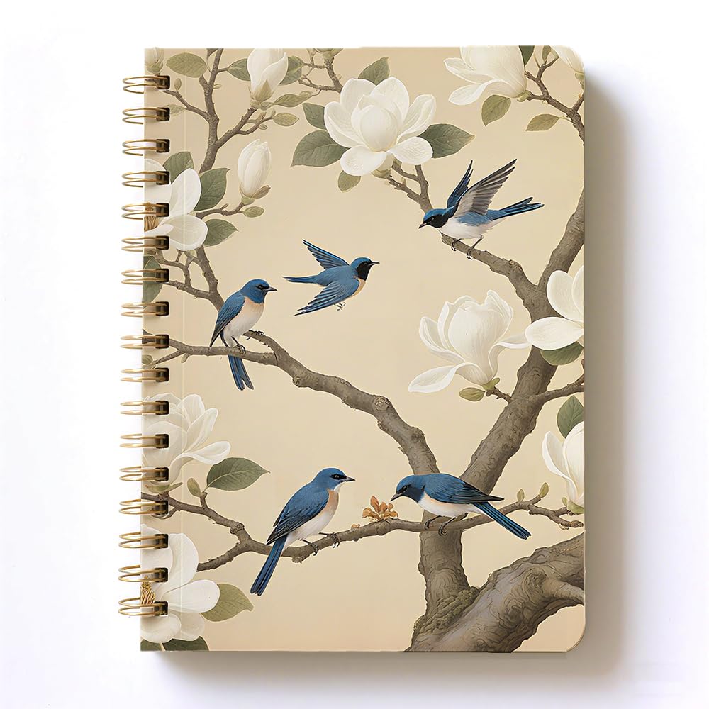 xizhenyuan A5 Spiral Notebook with Soft Cover and 160 Pages, Wire Bound Writing Notebook with White Magnolia and Birds Decor for Notes, Journaling, Gift for Woman