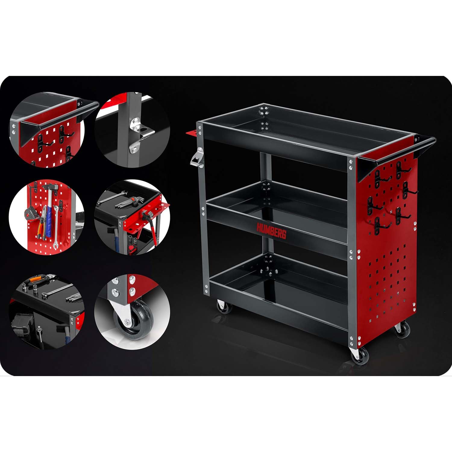 Humberg Carrello portautensili – 3 livelli con 6 ganci – portata fino a 300 kg – acciaio alluminio 80 x 35 x 73 cm