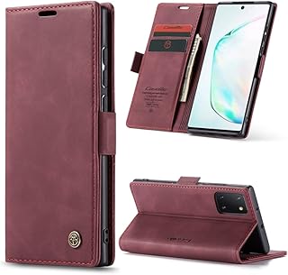 جراب قابل للطي مصنوع من جلد صناعي فاخر مع فتحة بطاقة مغناطيسية وحامل عملي متوافق موبايل سامسونج جالاكسي نوت 10 لايت احمر