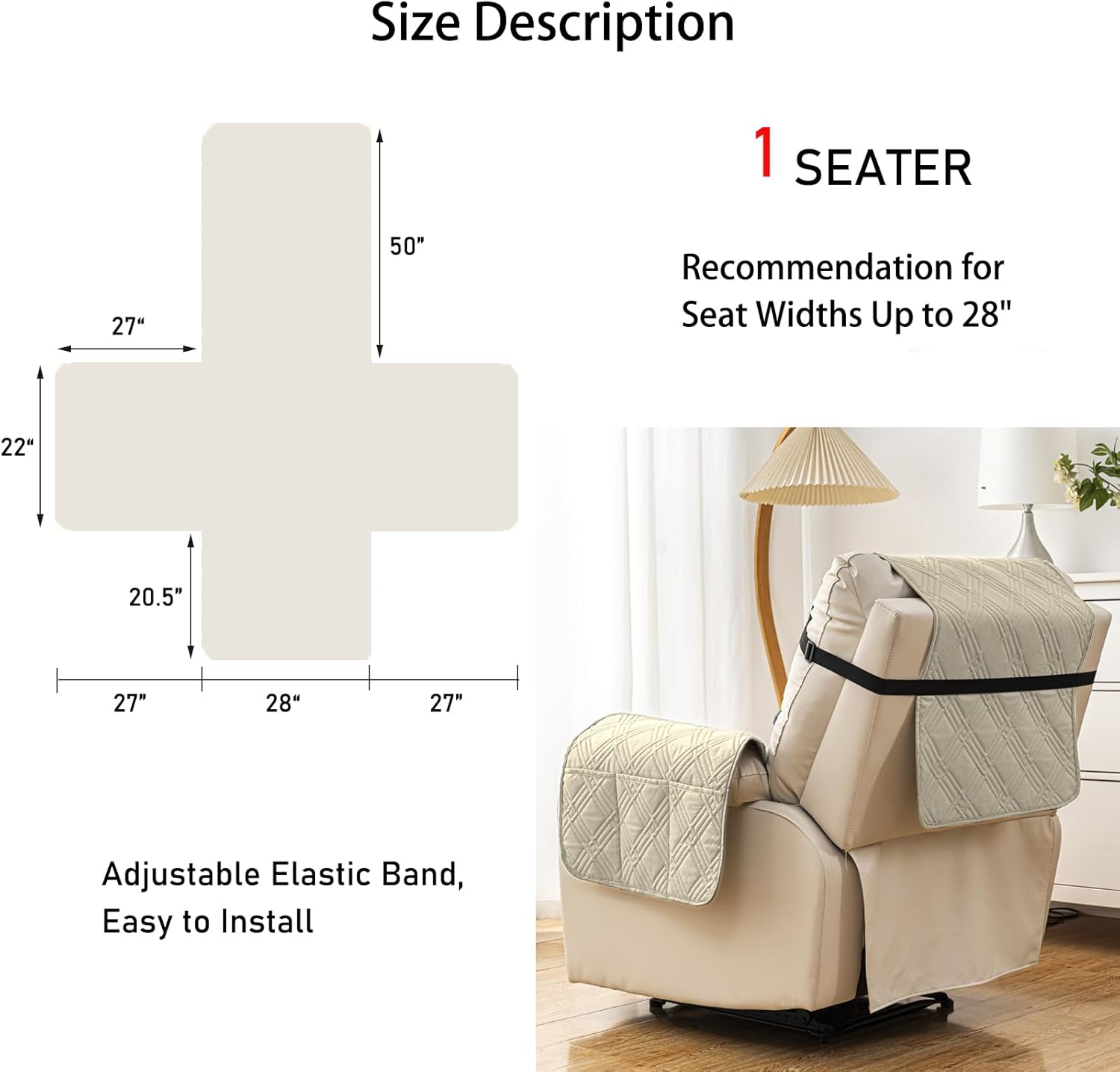 100% Waterproof Recliner Chair Covers, Non Slip Sofa Cover Recliner Cover, Washable Large Recliner Couch Cover with Elastic Straps for Kids, Dogs, Pets (Recliner, Beige, 28")