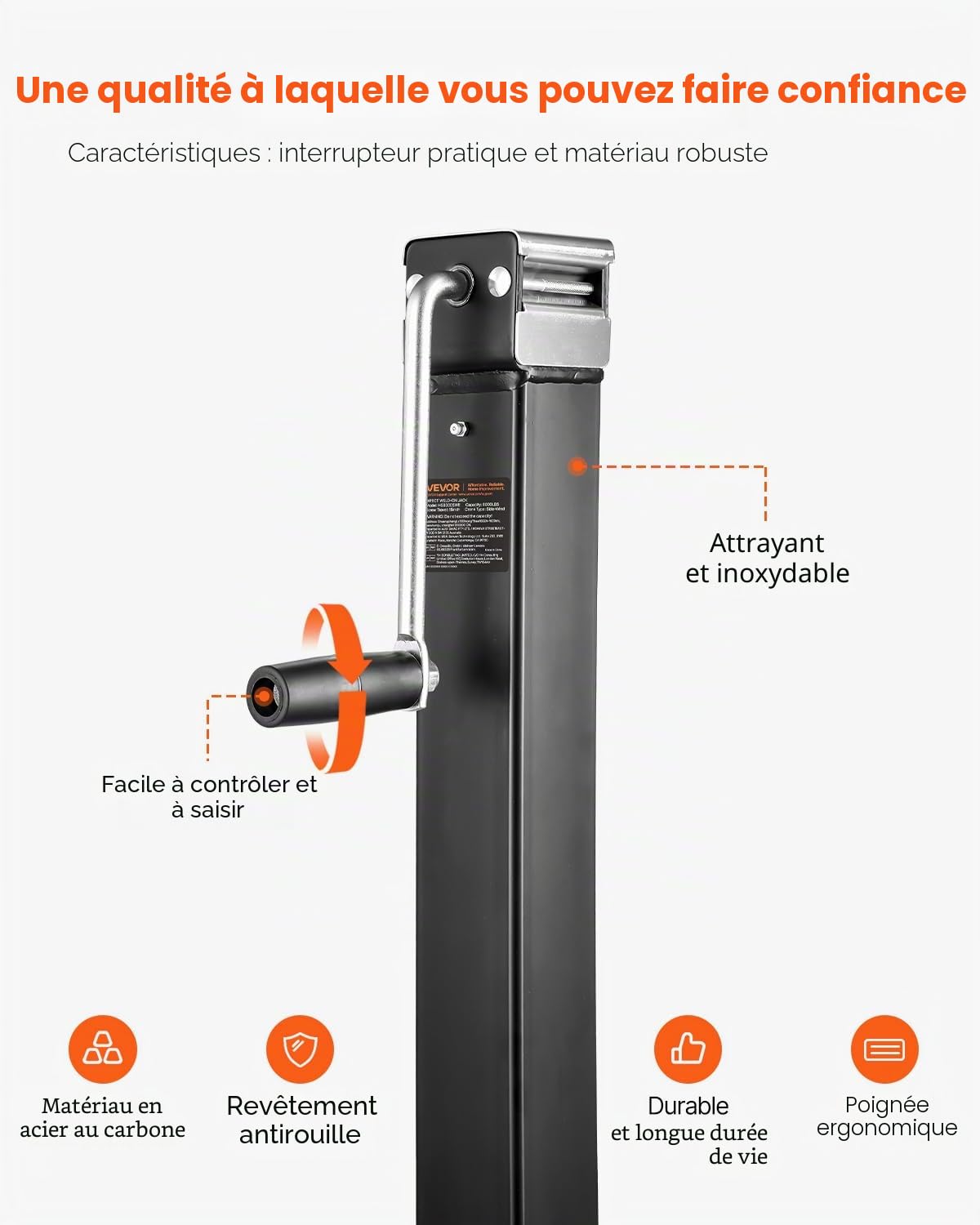 VEVOR Cric de Remorque à Souder - Capacité de Charge 3629 kg Avec Manivelle pour Soulever Camping-Car, Remorque à Chevaux, Utilitaire et Yacht