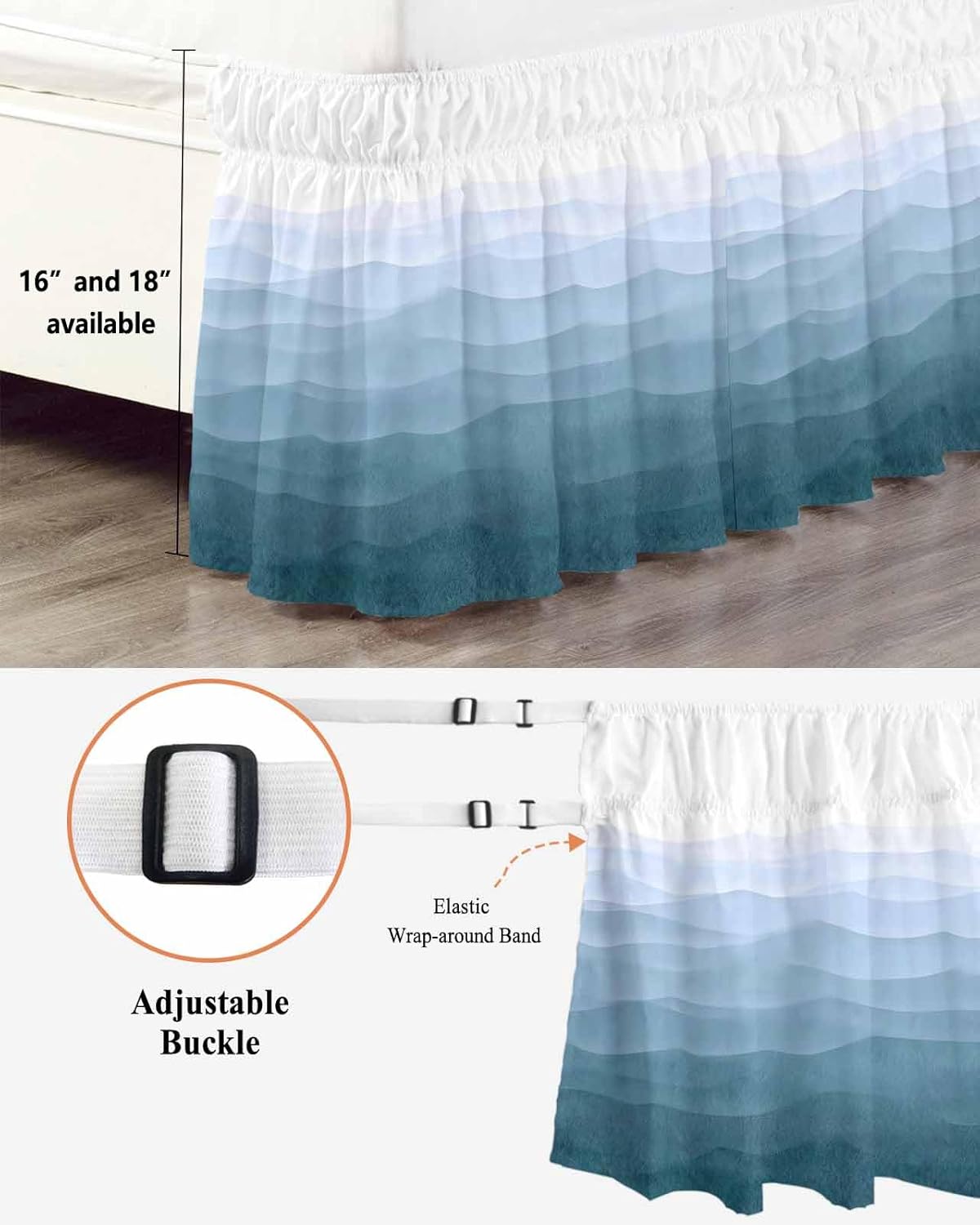 Blue Coastal Wave Bed Skirt King Size 16 Inch Drop, Adjustable & Elastic Wrap Around Bed Skirts Pleated Luxury Dust Ruffles for Twin Full Queen Cal King Base Bed, Summer Ocean Nautical Beach Ombre