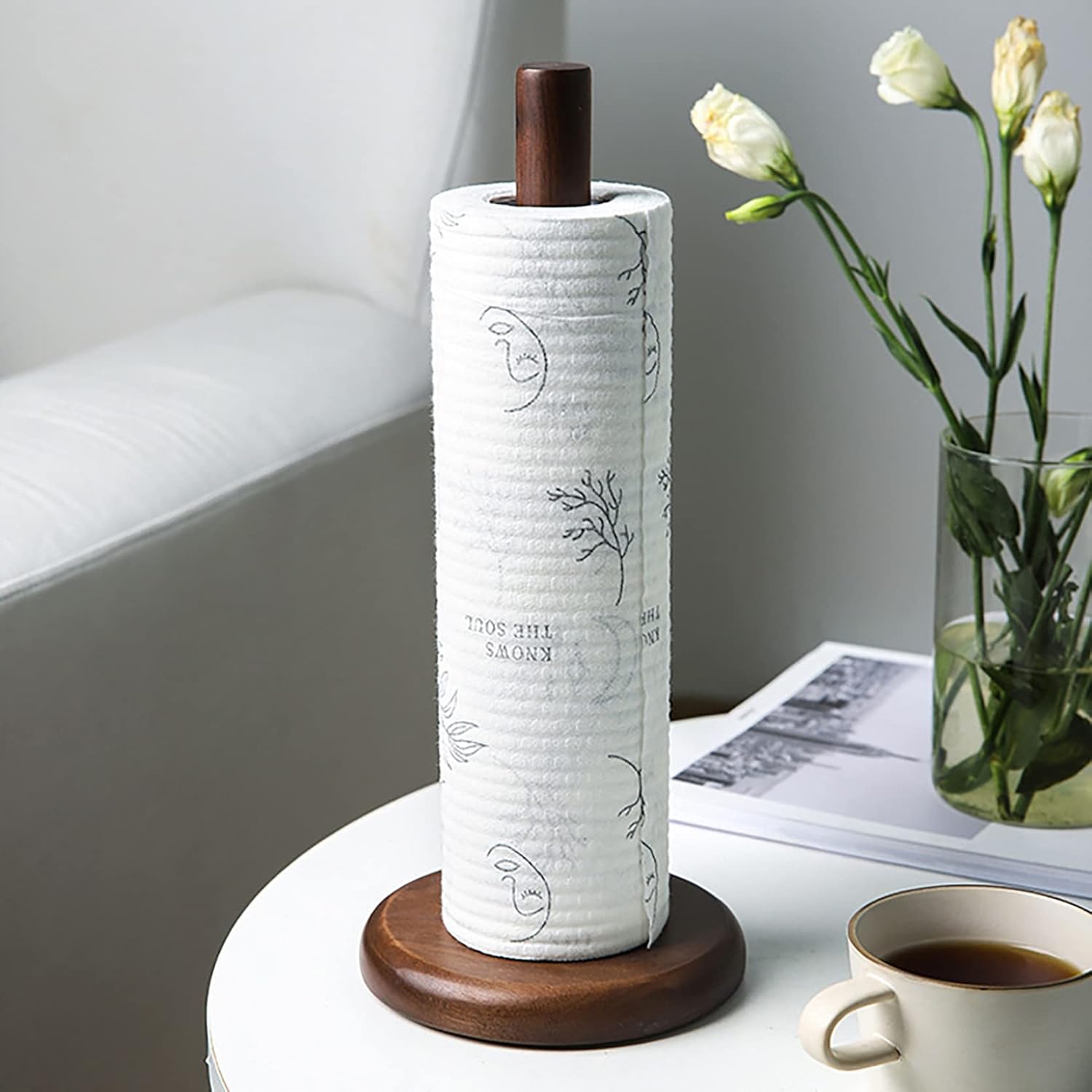1 pcs Paper Towel Holder (12.2'' x 5.3''), Solid Black Walnut Wood, with Round Wooden Base, no Splicing Base, Standing Paper Towels Dispenser, Vintage Kitchen Paper Hanger Rack