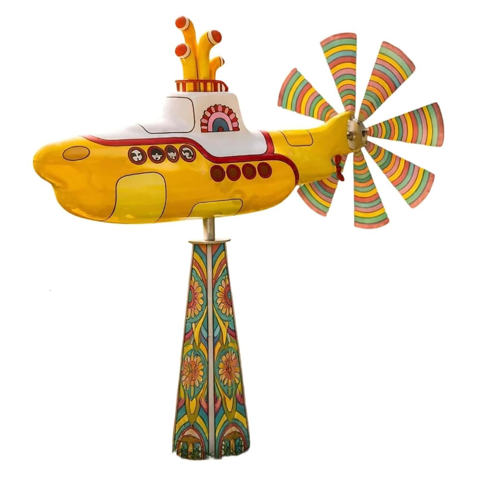 Yellow Submarine Wind Spinner, 2D Metal Rotating Yard Art, Kinetic Garden Wind Sculpture for Patio Lawn Outdoor Decor, UV Resistant Non-Fading Submarine Spinner with Spin Blades