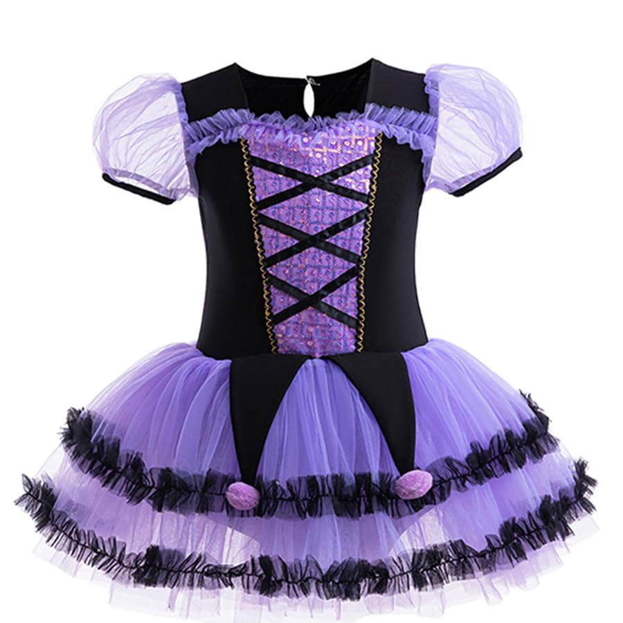 Disfraz de bruja niña morado con tutu y bolsa de dulces miniatura 3