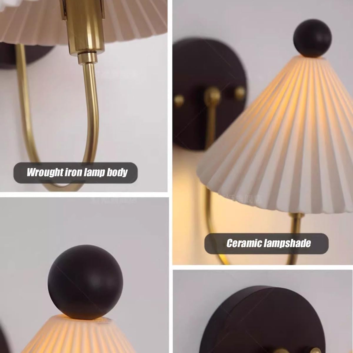 Applique da Parete retrò in Oro per Camera da Letto, Comodino Nordico, Lampada da Parete in Ceramica Plissettata, Lampada da Parete per Corridoio, Lampada da Parete in Legno di Noce Giappon